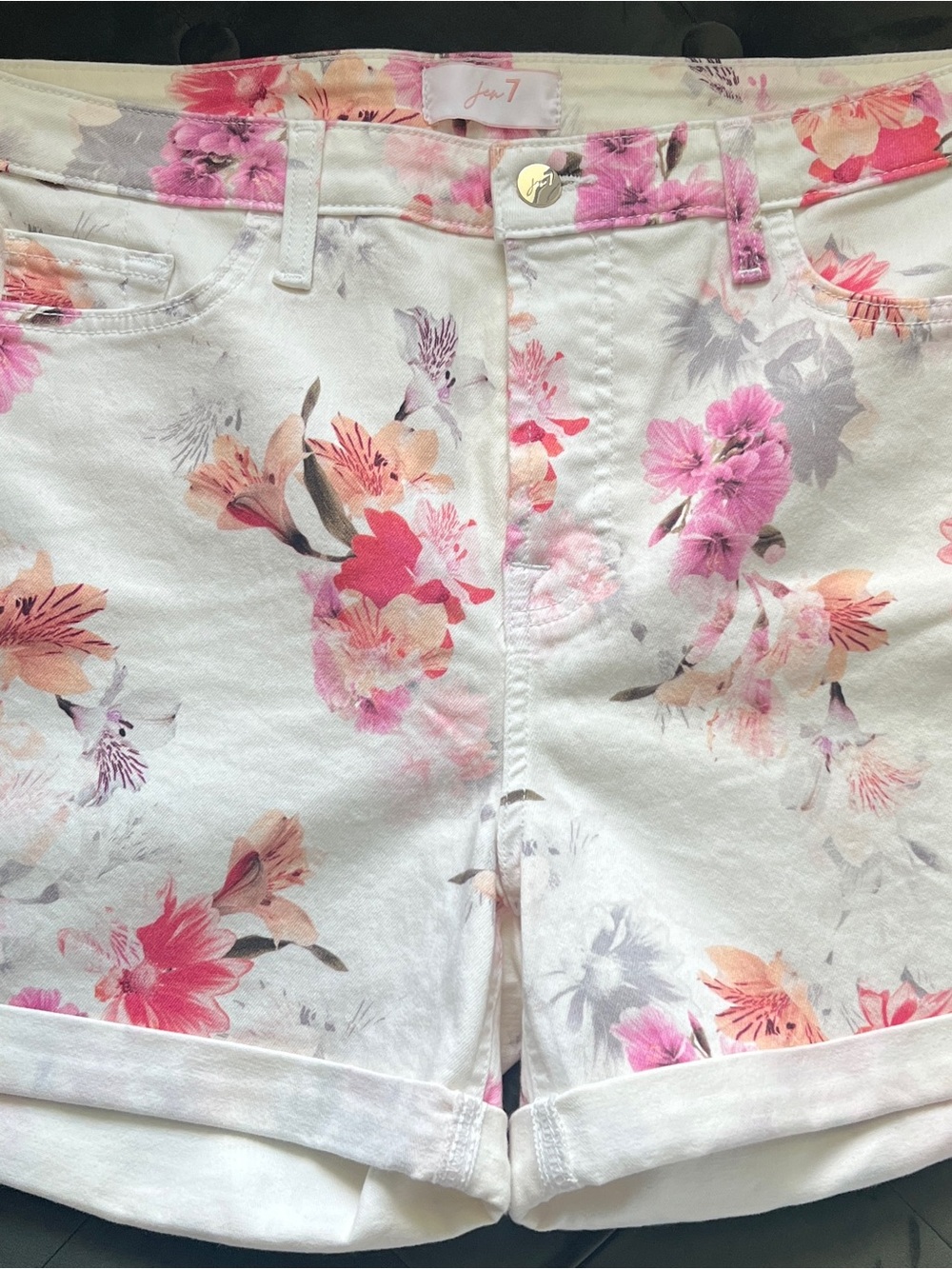 White Floral Jean Shorts with Pink & Peach Print - Jen 7 Brand